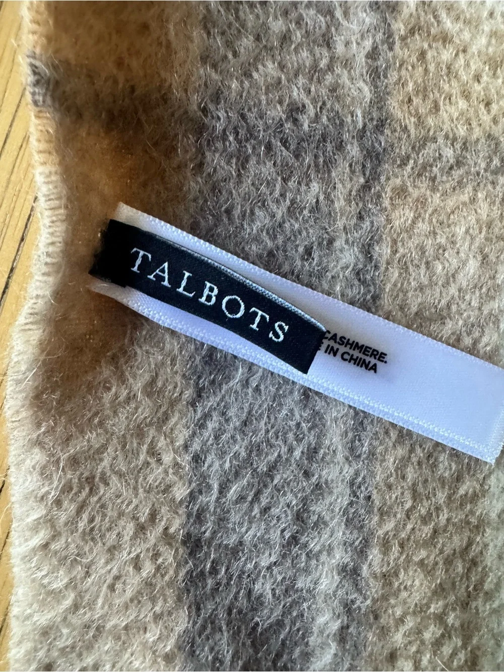 Talbots Cashmere Scarf Wide Fringe Wrap Plaid Cream Brown Tan Neutral